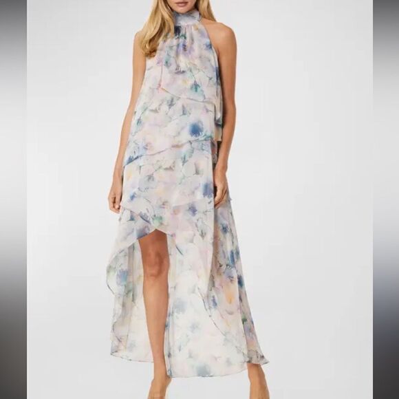 MISA Victorine Floral High-Low Maxi Chiffon Dress in Abstract Watercolor XS NEW